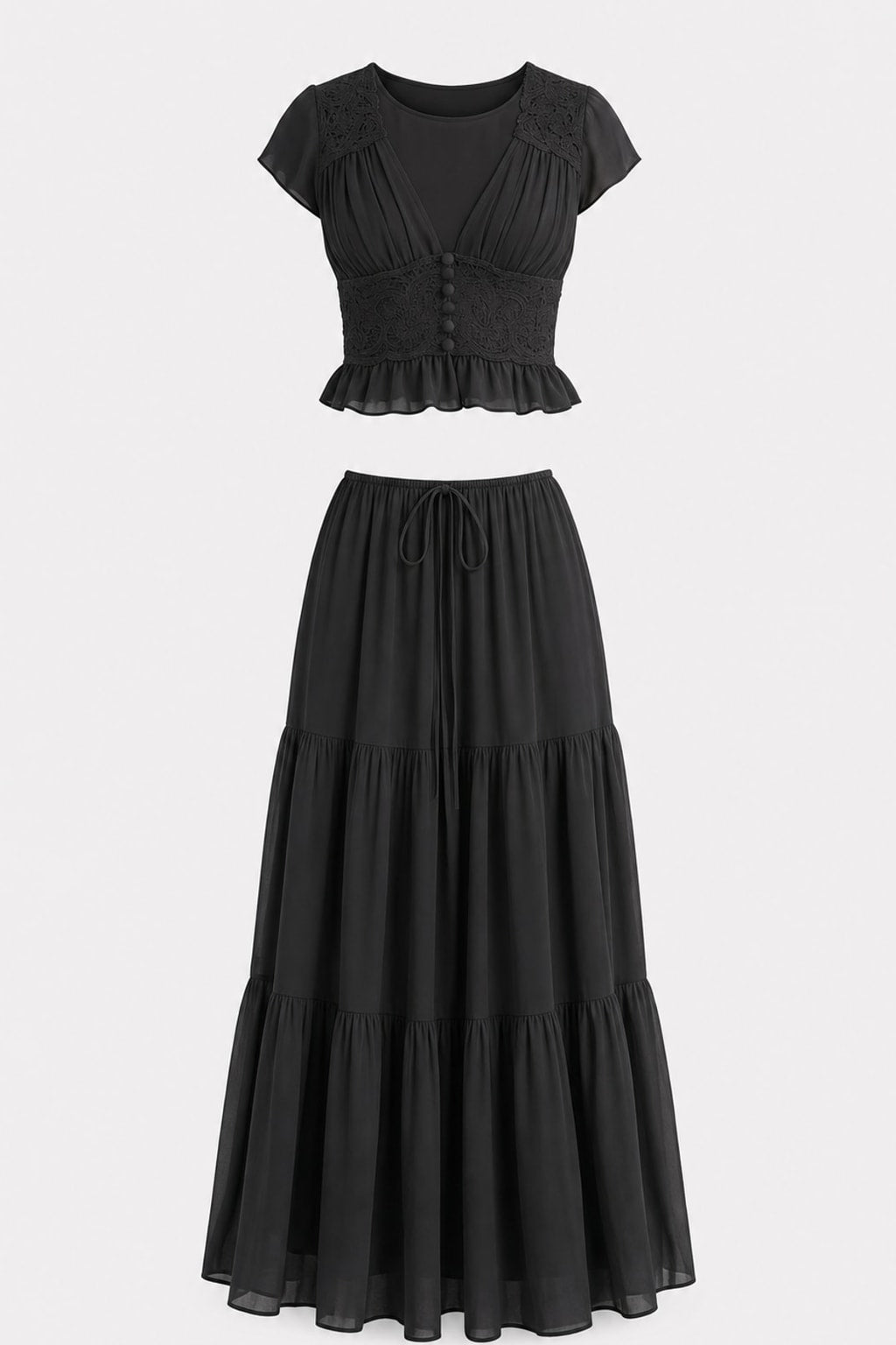Lace Crop Top Tiered Maxi Skirt Set - 1