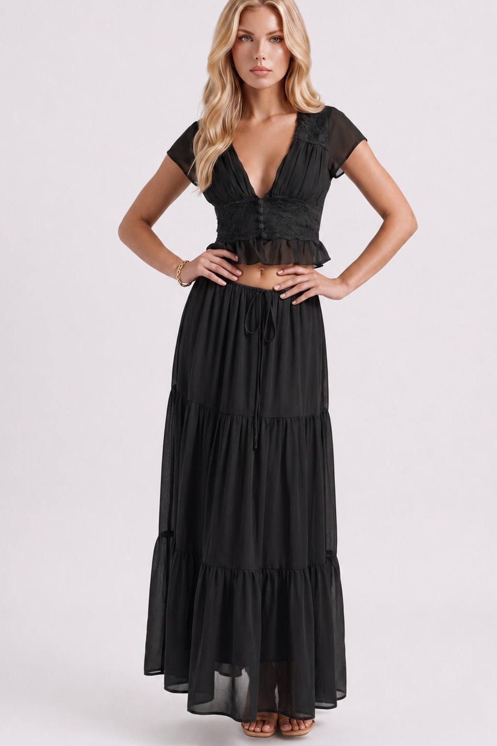 Lace Crop Top Tiered Maxi Skirt Set - 4