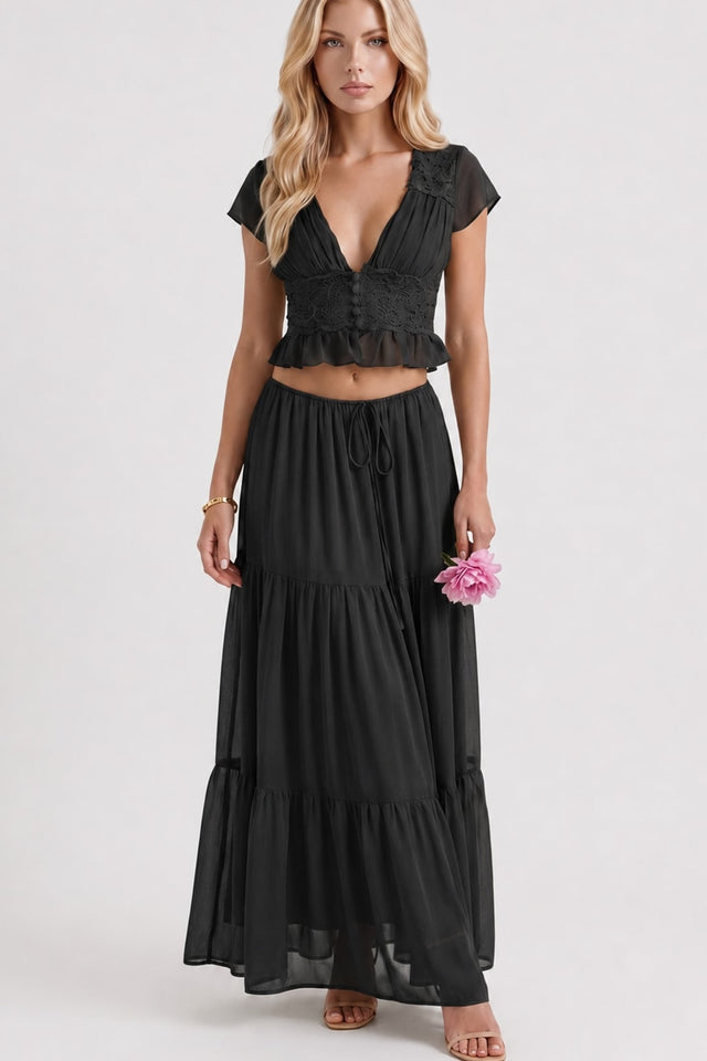 Lace Crop Top Tiered Maxi Skirt Set - 2