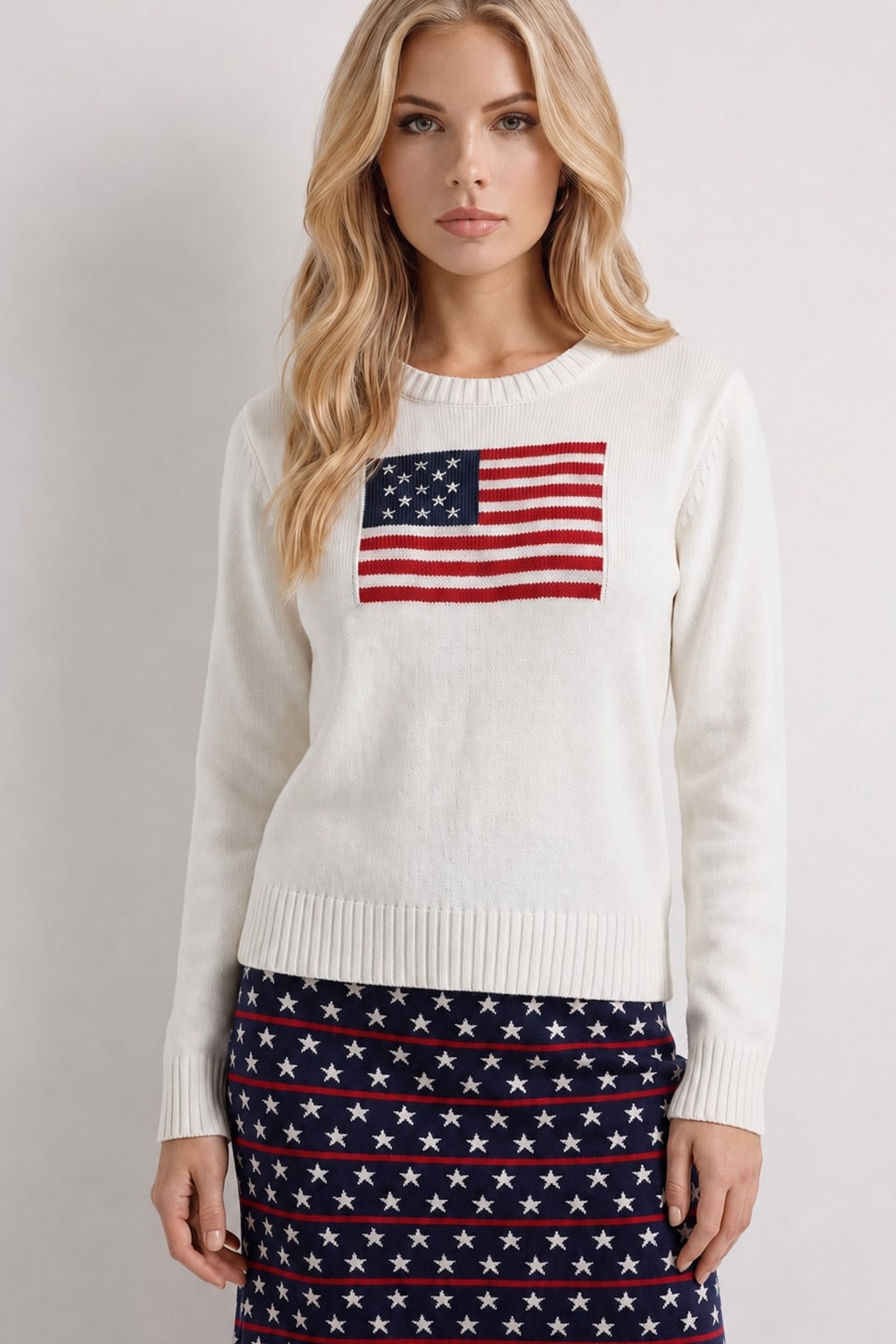 Knit Crew Neck Sweater with Flag Graphic - 3
