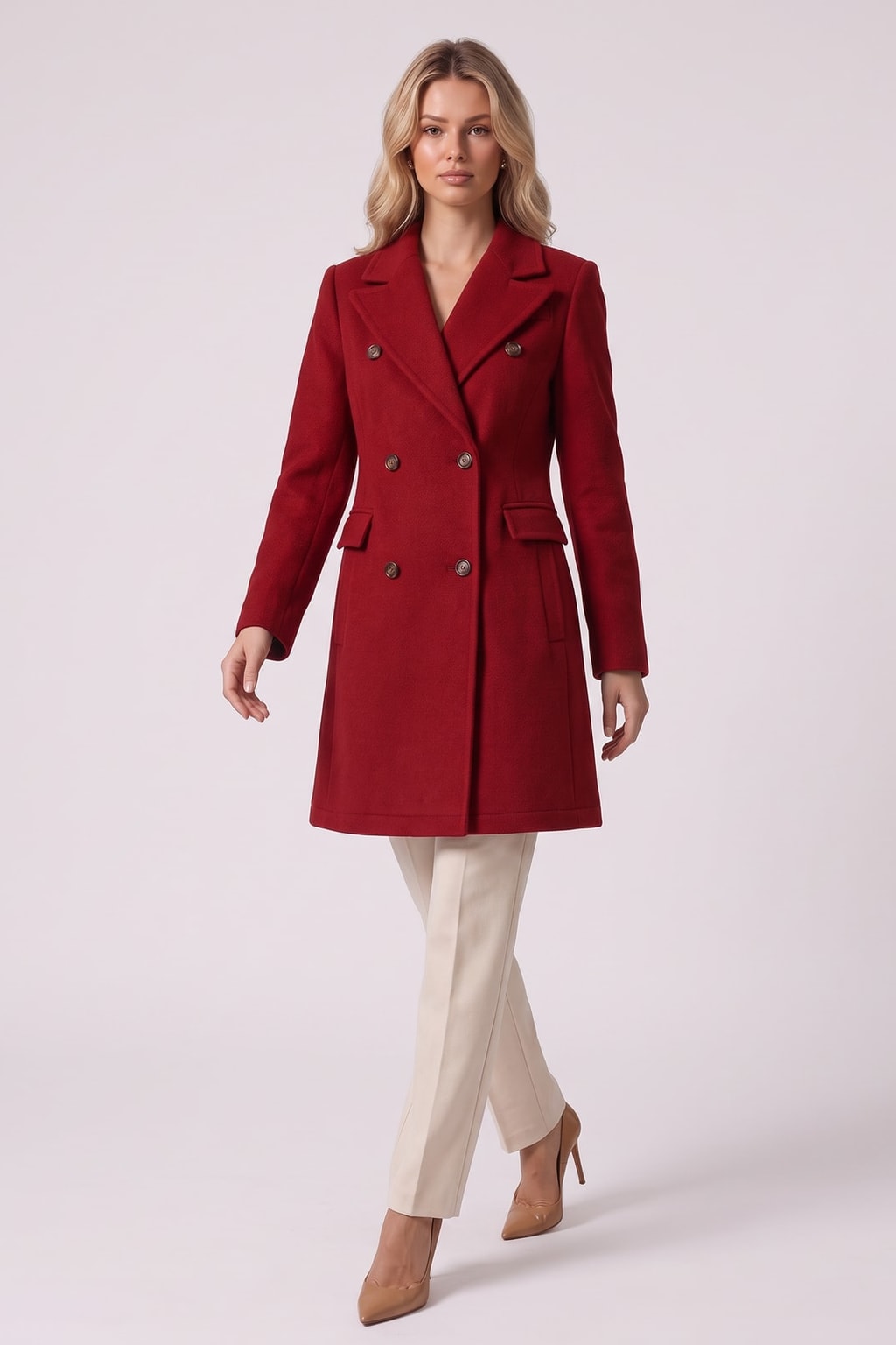 Elegant Notch Lapel Tailored Double Breasted Coat - 2
