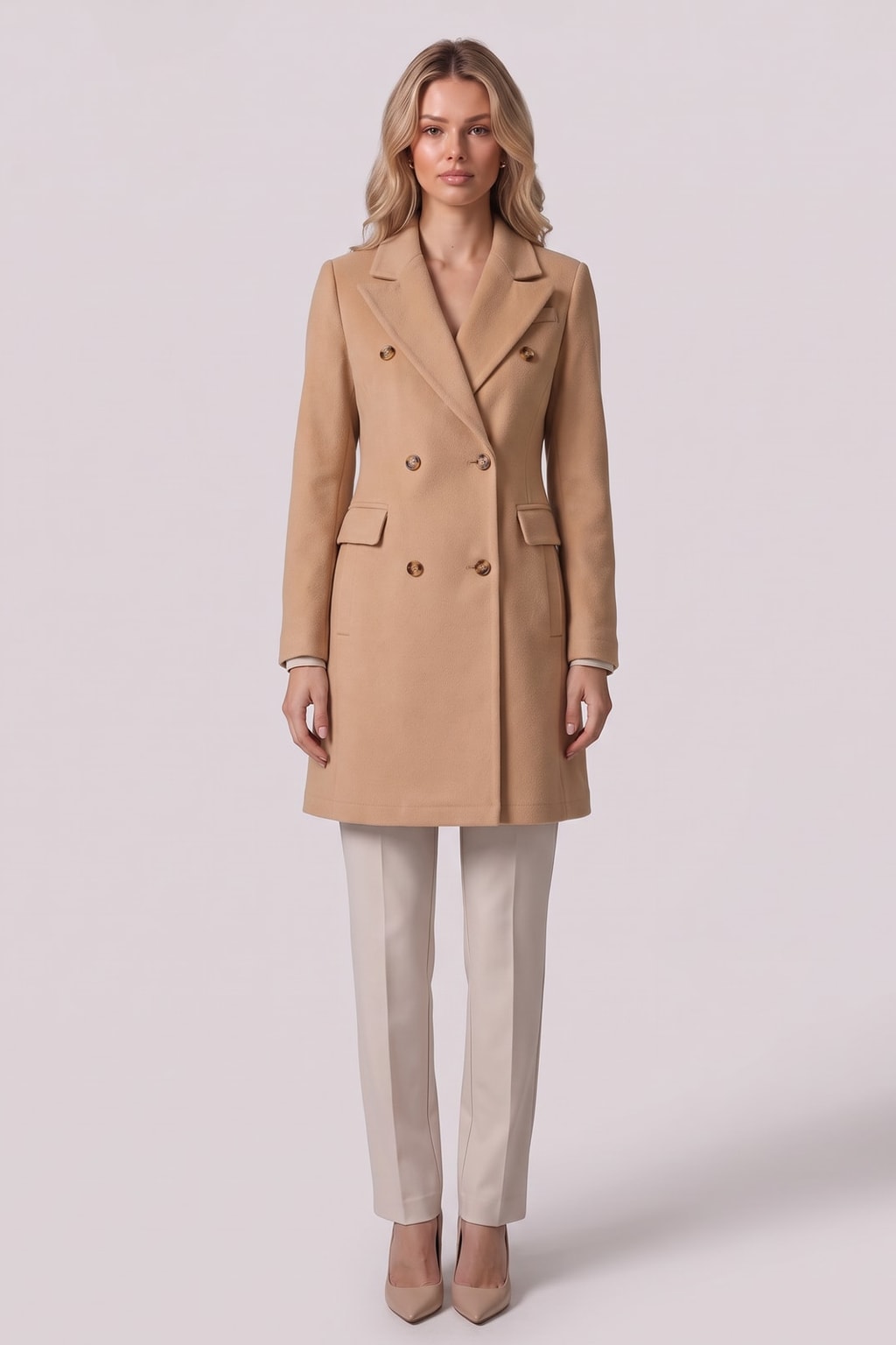 Elegant Notch Lapel Tailored Double Breasted Coat - 7