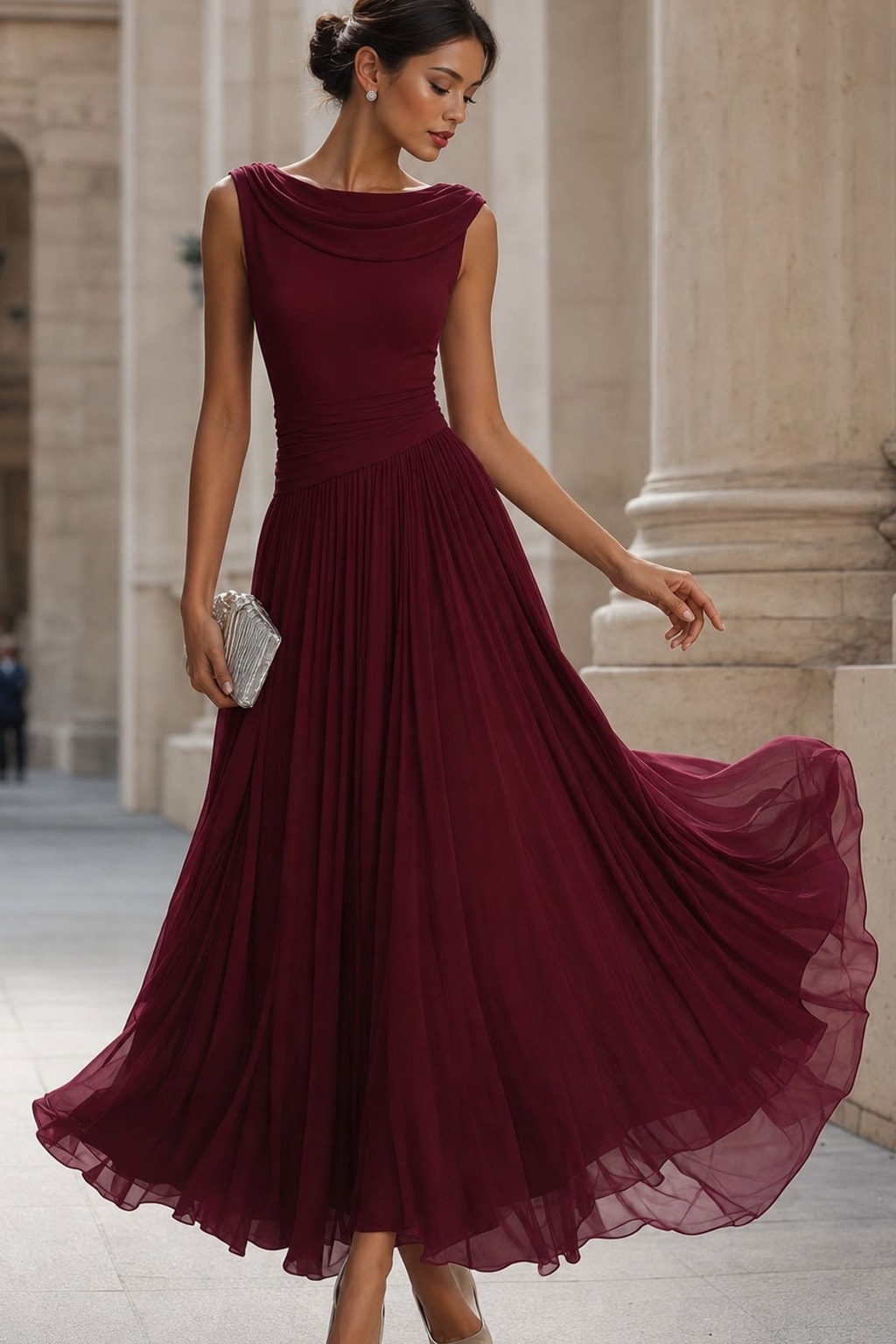 Ruched Midi Dress With Flowing Skirt - 7