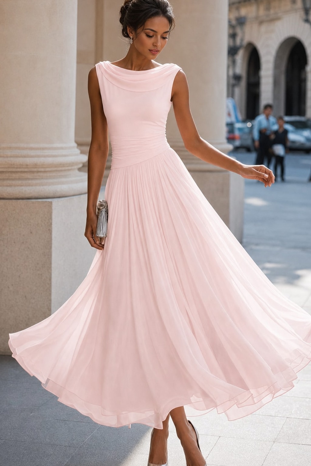 Ruched Midi Dress With Flowing Skirt - 13