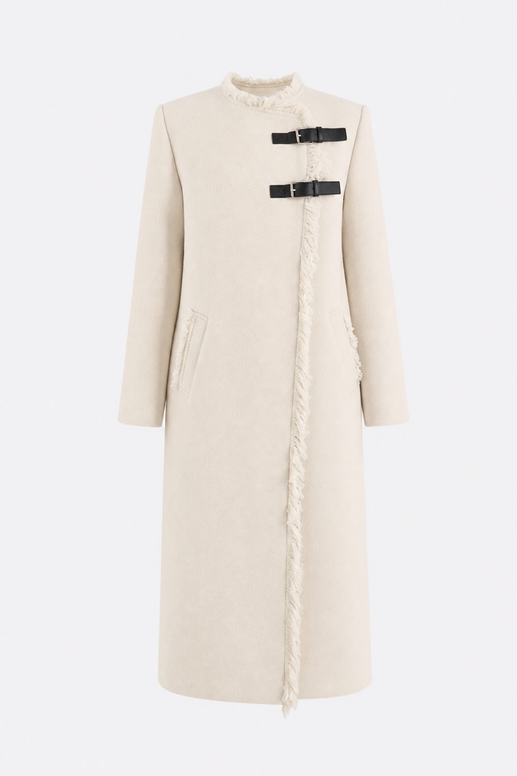 Off-White Woven Trench Coat With Fringe Trim - 1