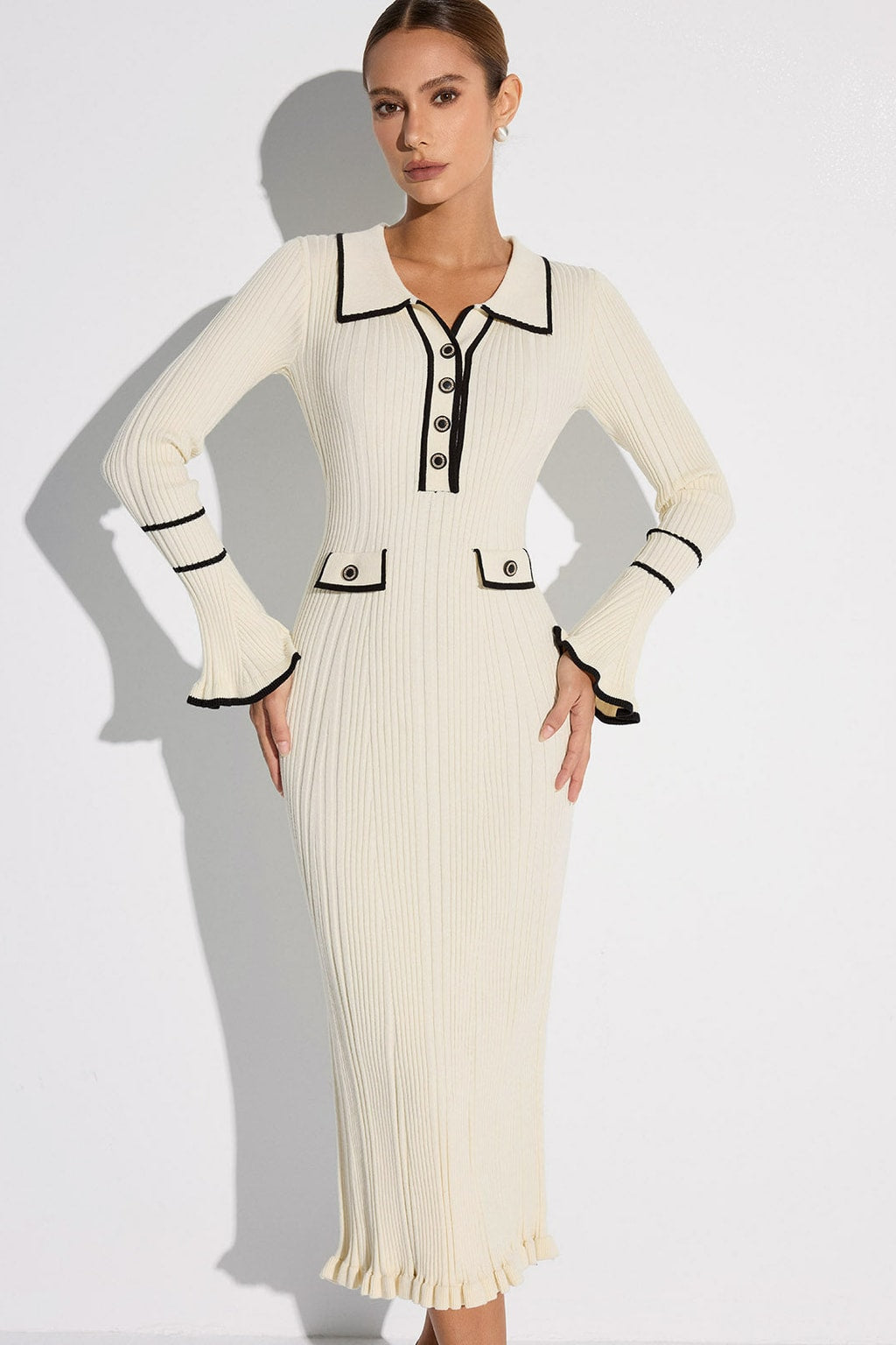 Ribbed Knit Contrast-Trim Sweater Dress - 3