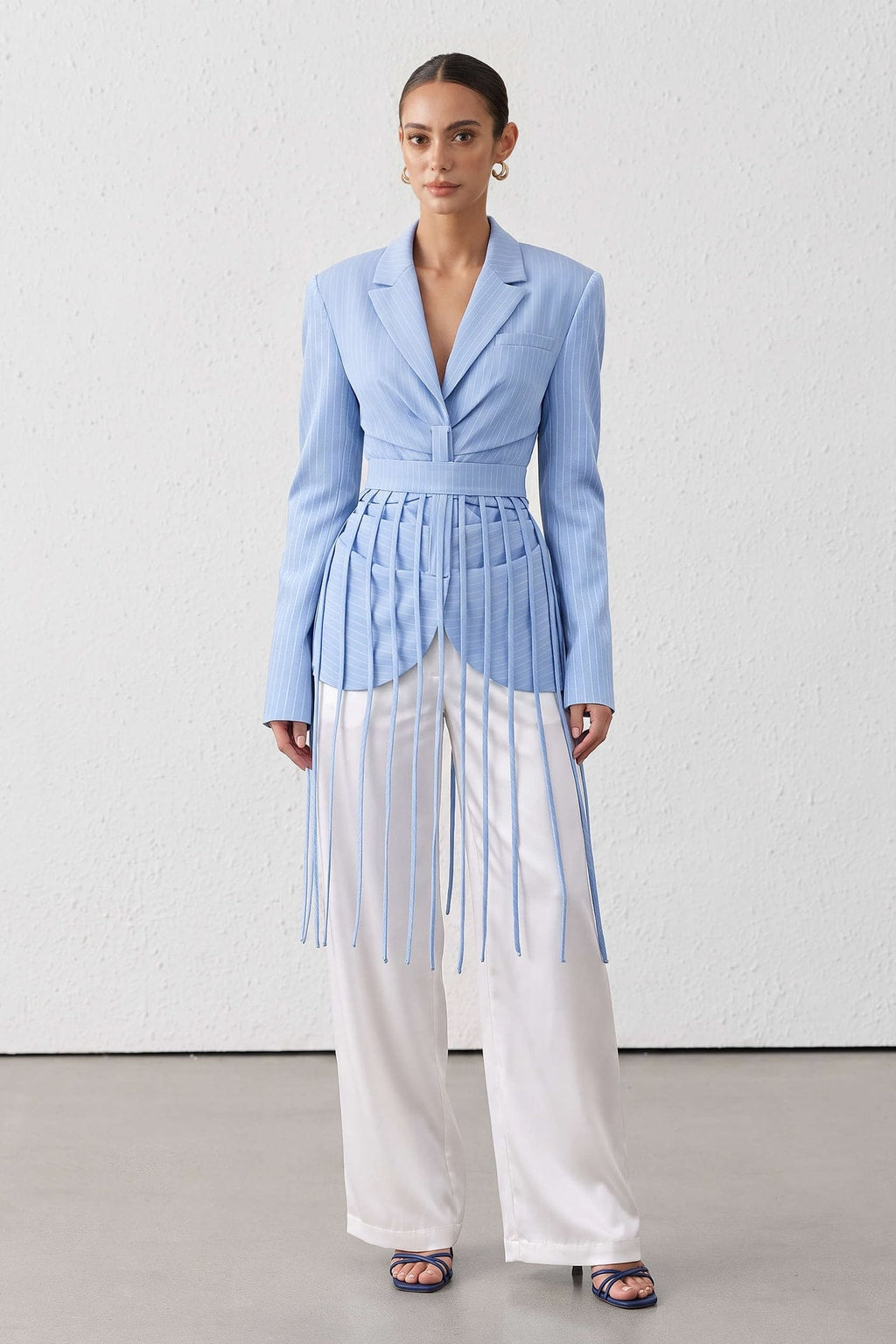 Baby Blue Twill Blazer With Fringe Trim - 4