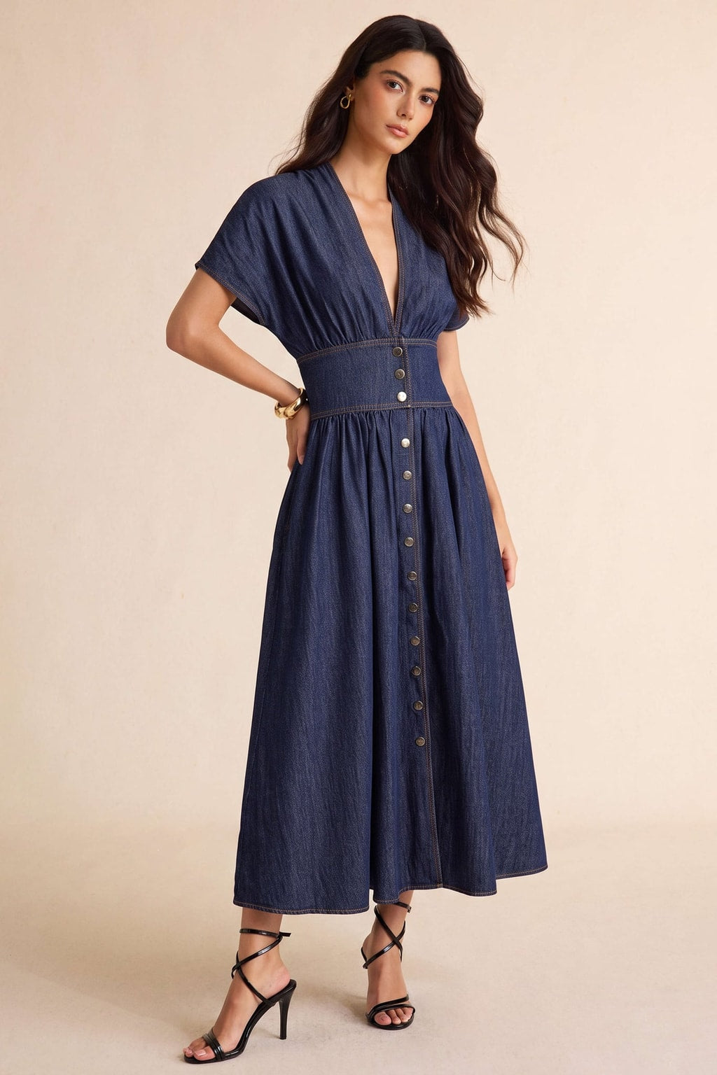 Denim Maxi Dress With Ruched V-Neck - 4