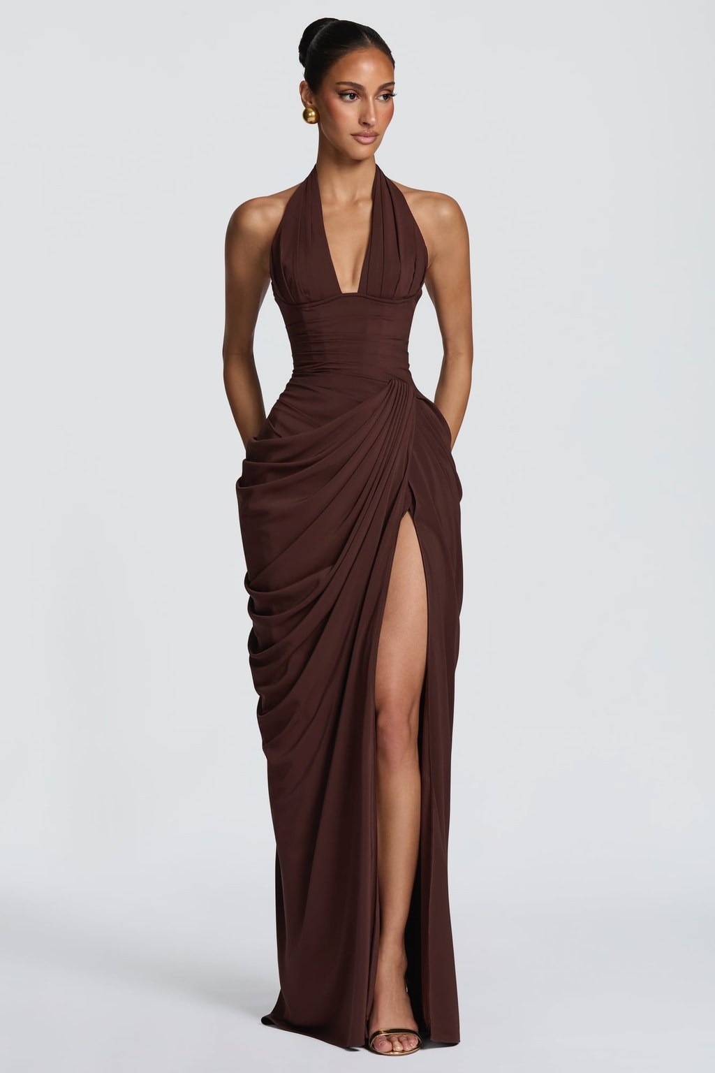 Chiffon Halter Maxi Dress With Thigh Split - 2