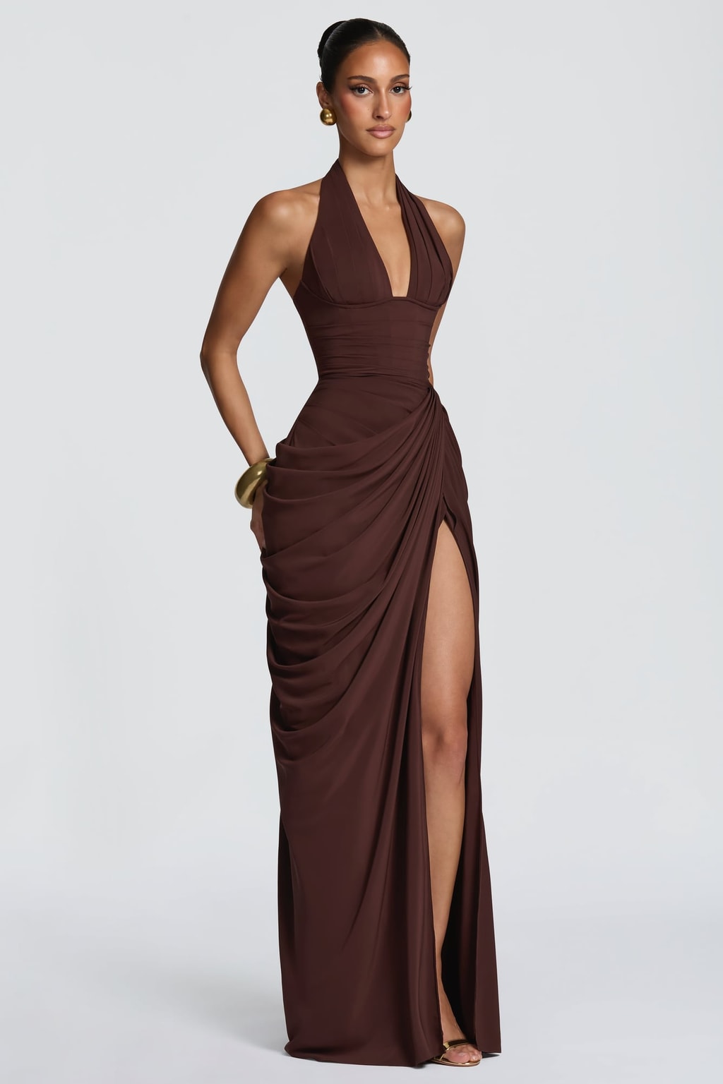 Chiffon Halter Maxi Dress With Thigh Split - 3
