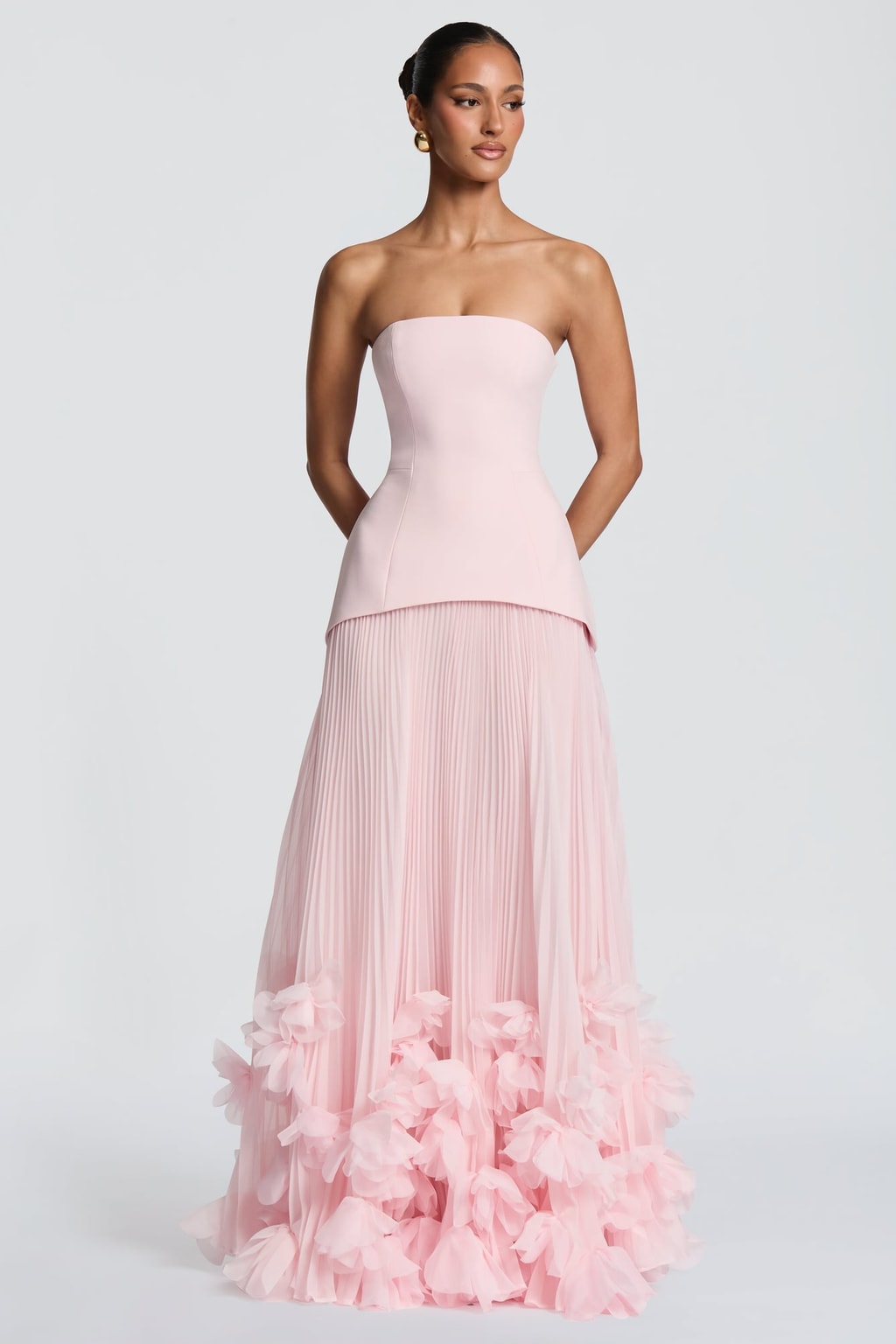 Crepe Corset Gown With Floral Appliqué Hem - 5