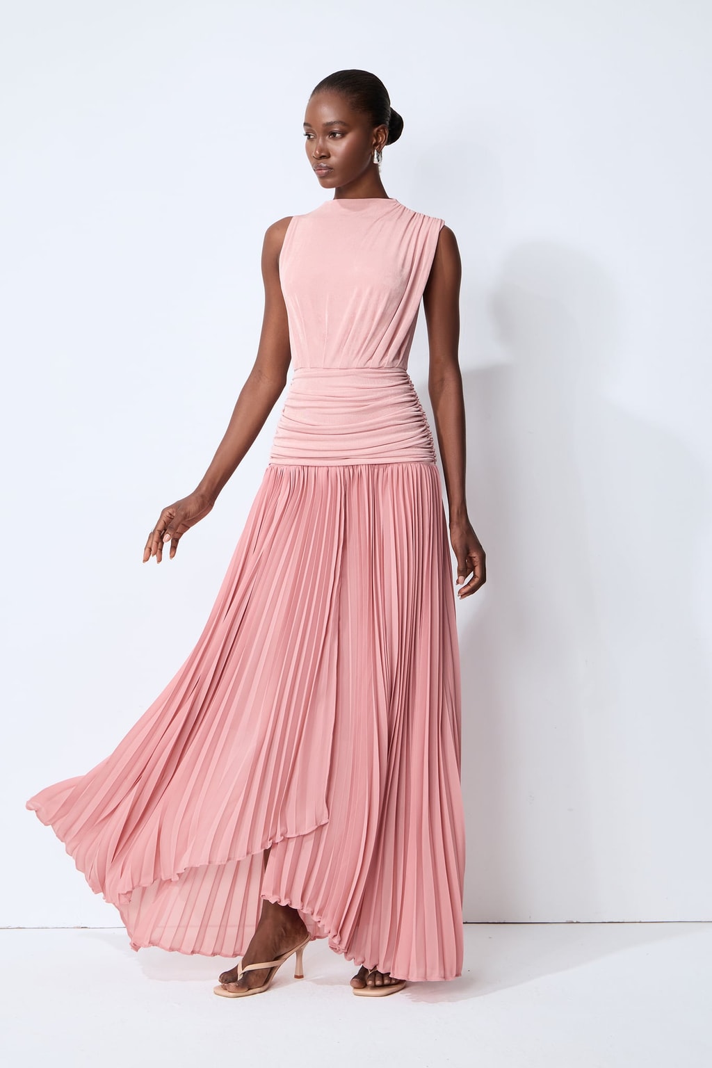 Terylene Pleated Maxi Dress with Ruched Waist - 2