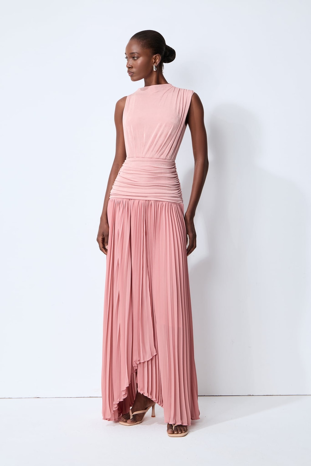 Terylene Pleated Maxi Dress with Ruched Waist - 4