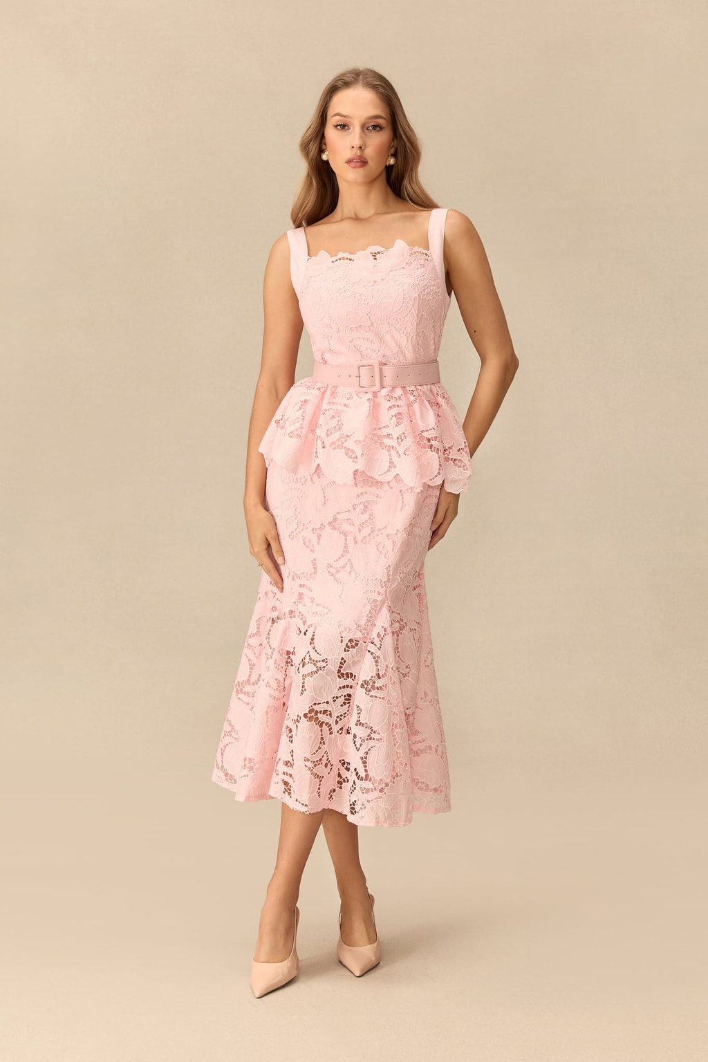 Lace Peplum Midi Dress With Belted Waist - 2