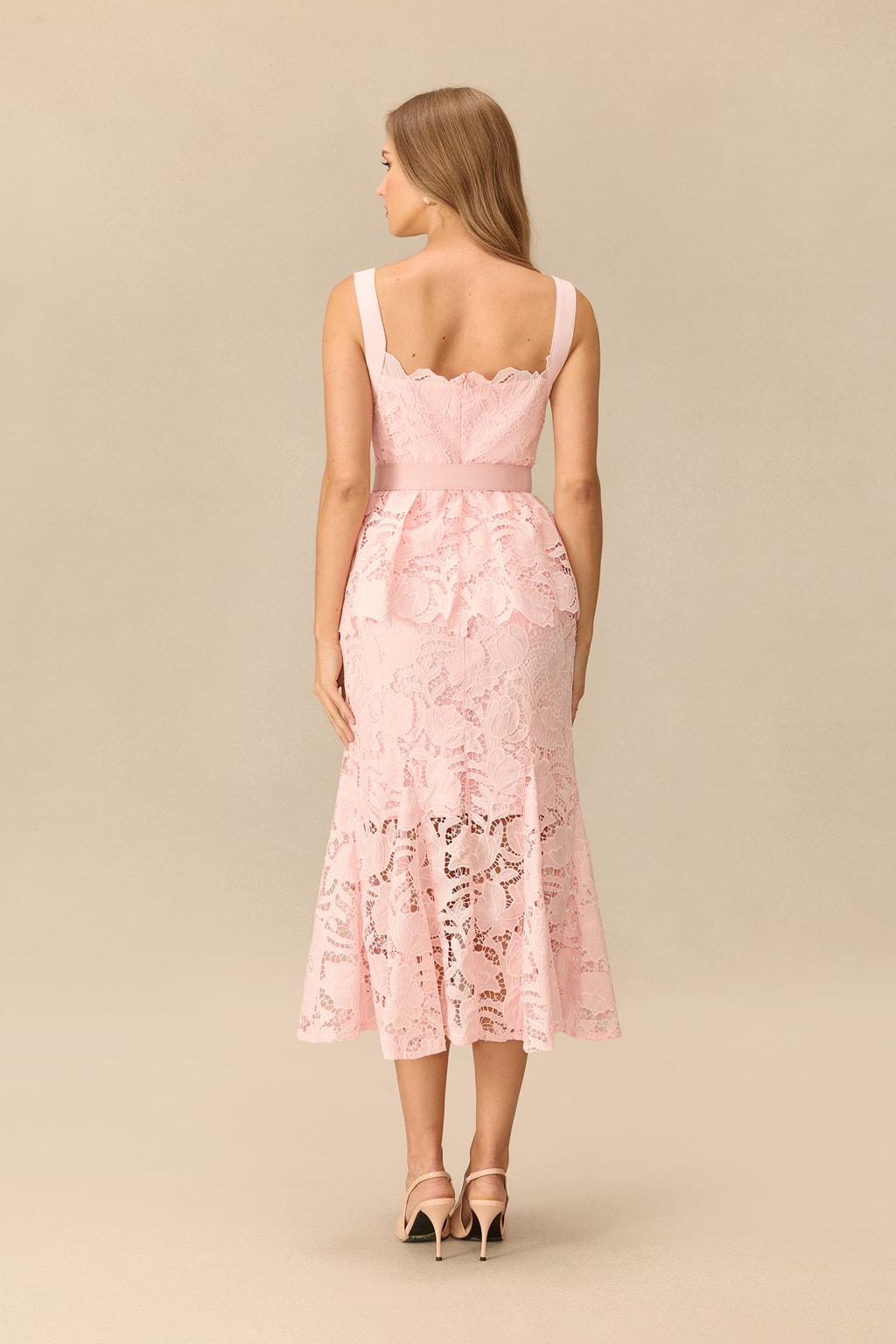 Lace Peplum Midi Dress With Belted Waist - 4