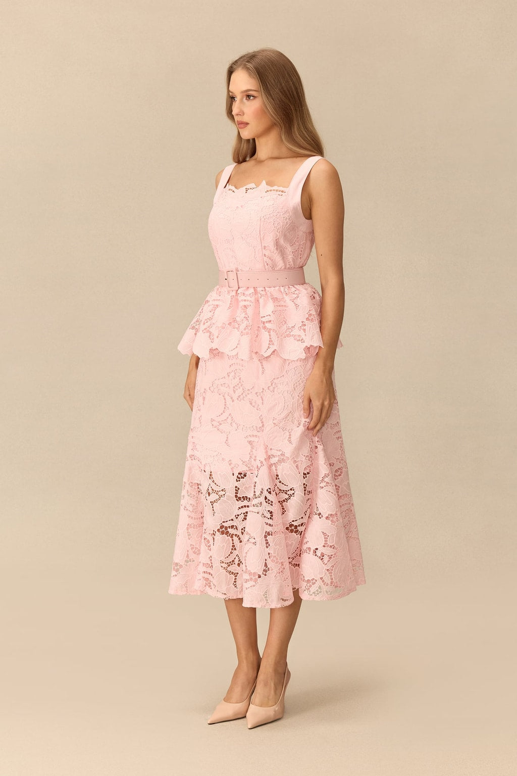 Lace Peplum Midi Dress With Belted Waist - 3