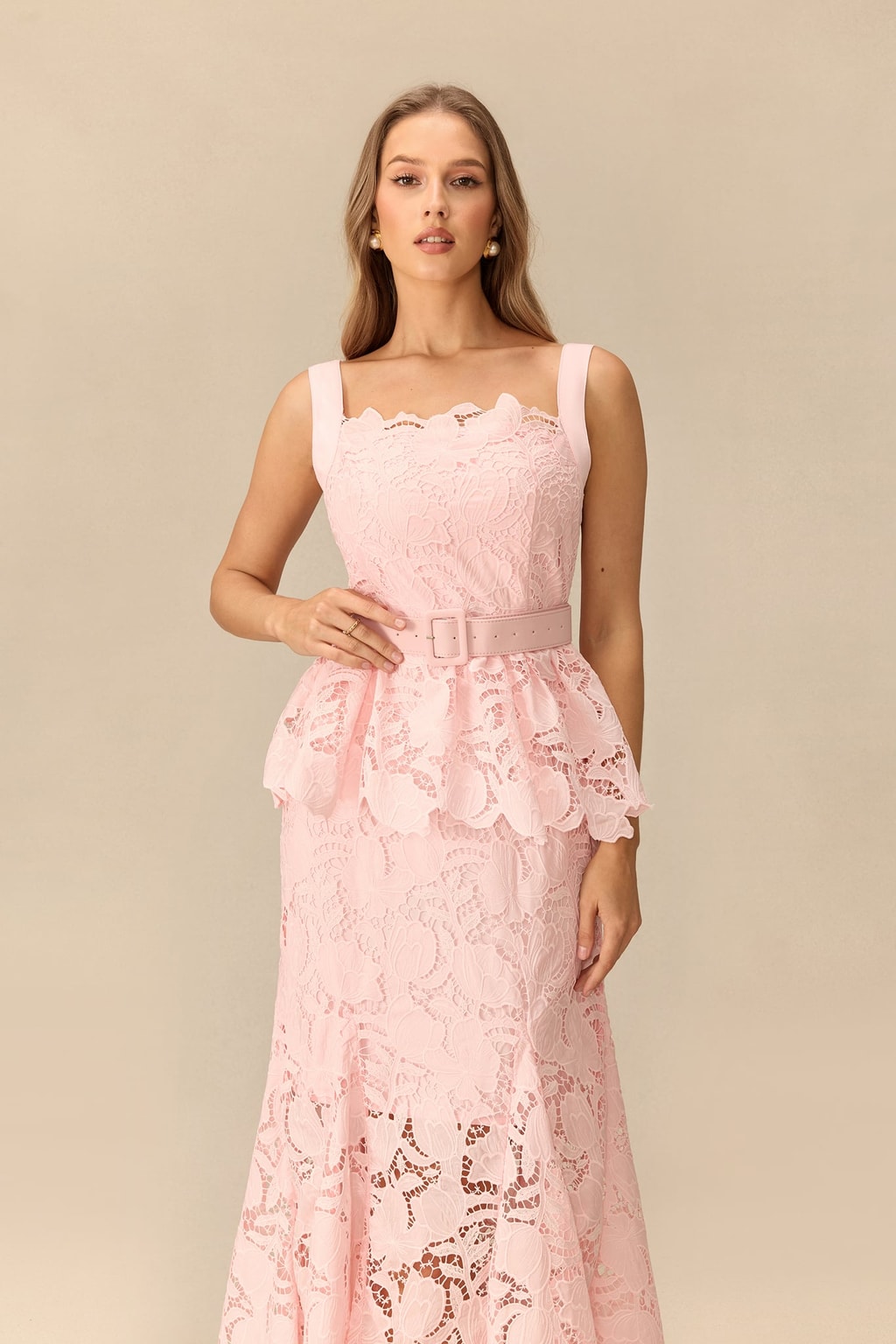 Lace Peplum Midi Dress With Belted Waist - 5