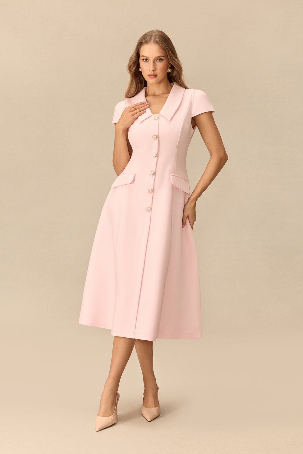 Terylene Pointed Collar Cap Sleeve Midi Dress - 2