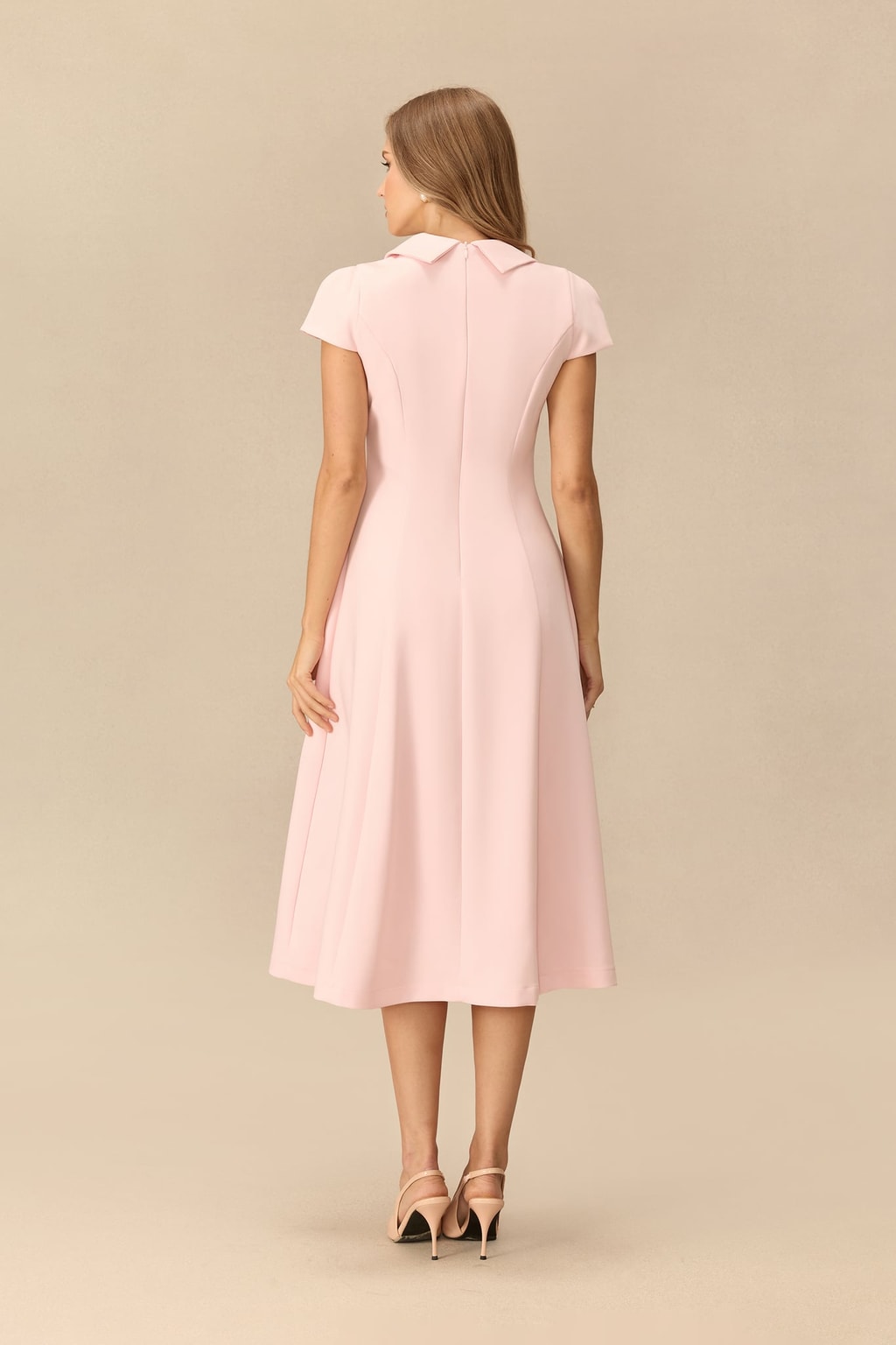 Terylene Pointed Collar Cap Sleeve Midi Dress - 4