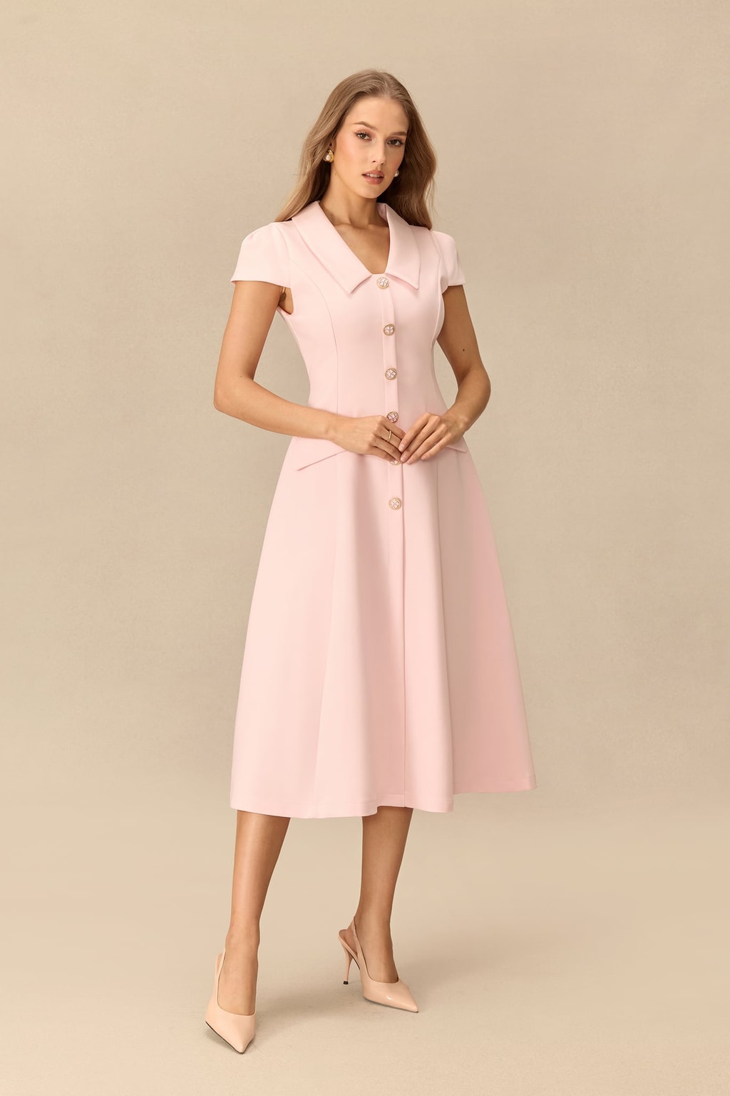 Terylene Pointed Collar Cap Sleeve Midi Dress - 3