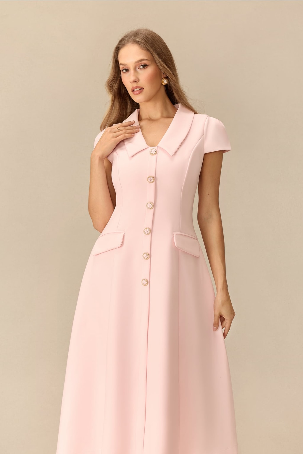 Terylene Pointed Collar Cap Sleeve Midi Dress - 5