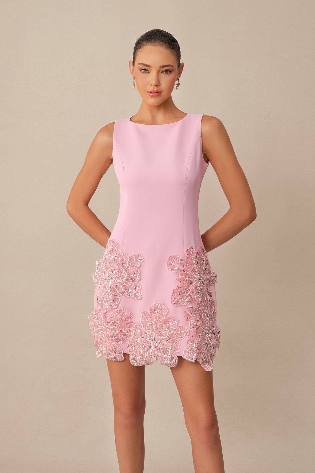 Sequin Floral Applique Sleeveless Mini Dress - 2
