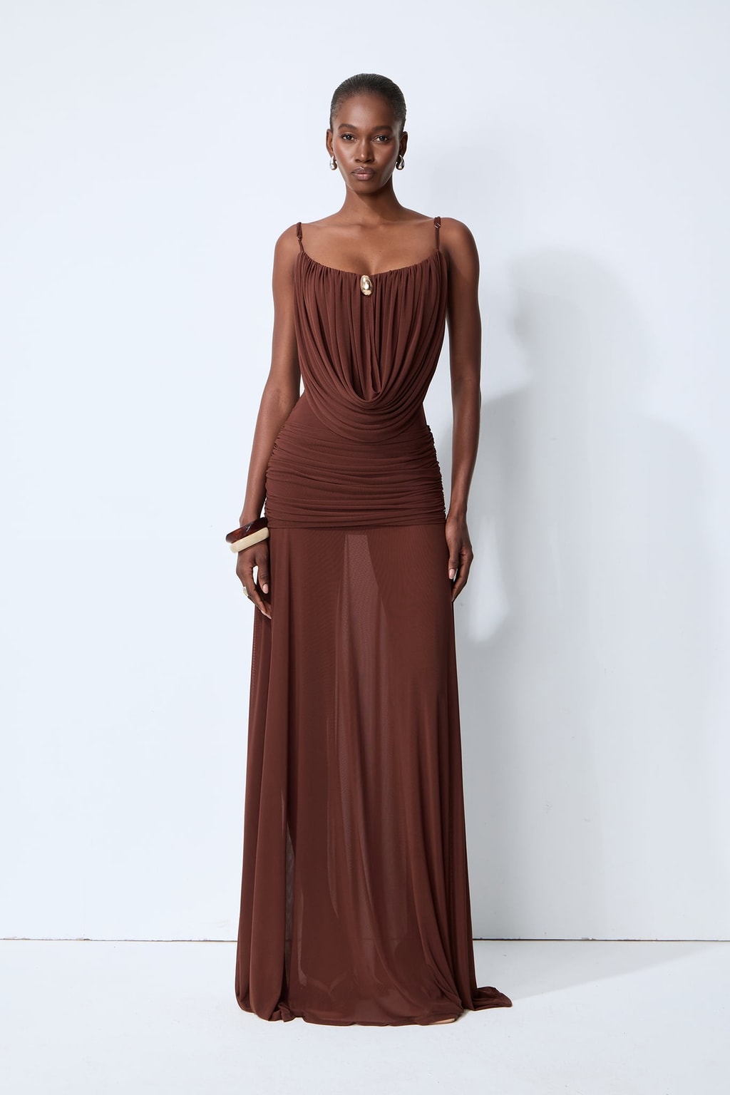 Mesh Cowl Neck Semi-Sheer Maxi Dress - 5