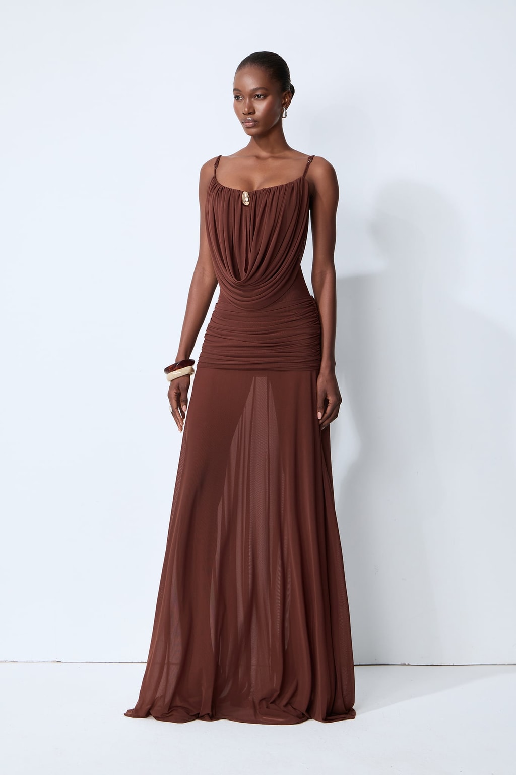 Mesh Cowl Neck Semi-Sheer Maxi Dress - 2