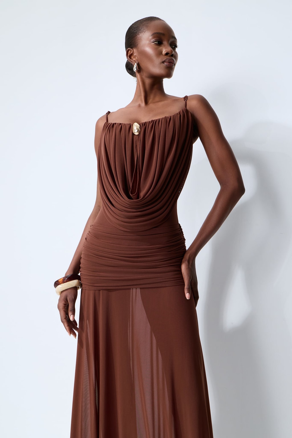Mesh Cowl Neck Semi-Sheer Maxi Dress - 3