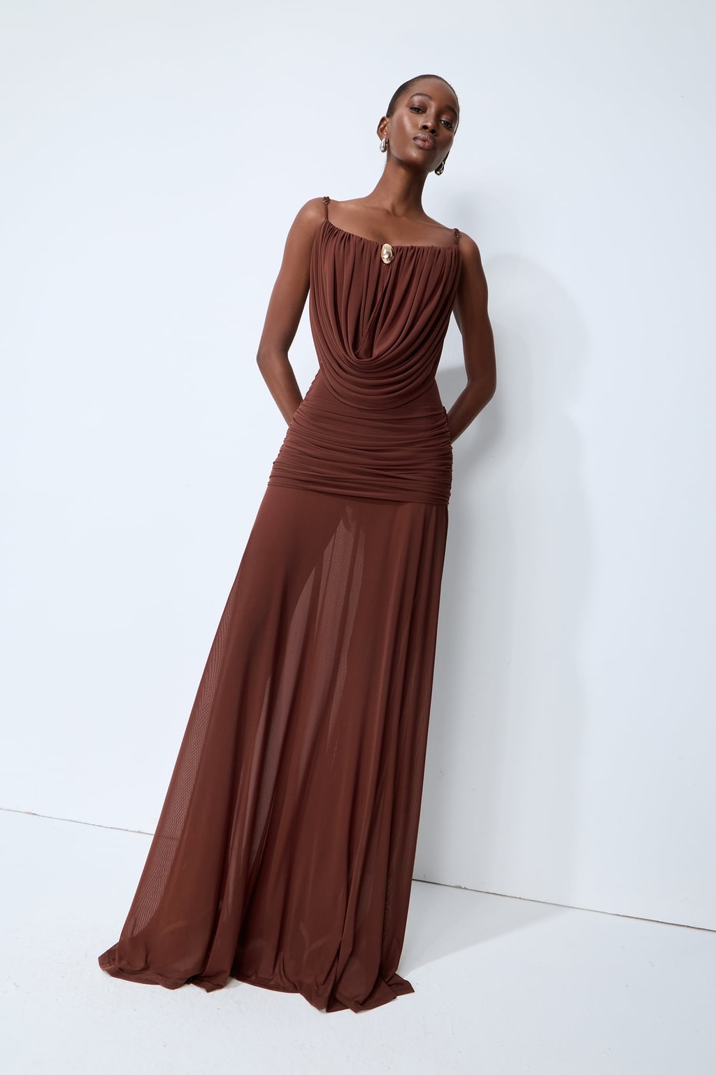 Mesh Cowl Neck Semi-Sheer Maxi Dress - 6