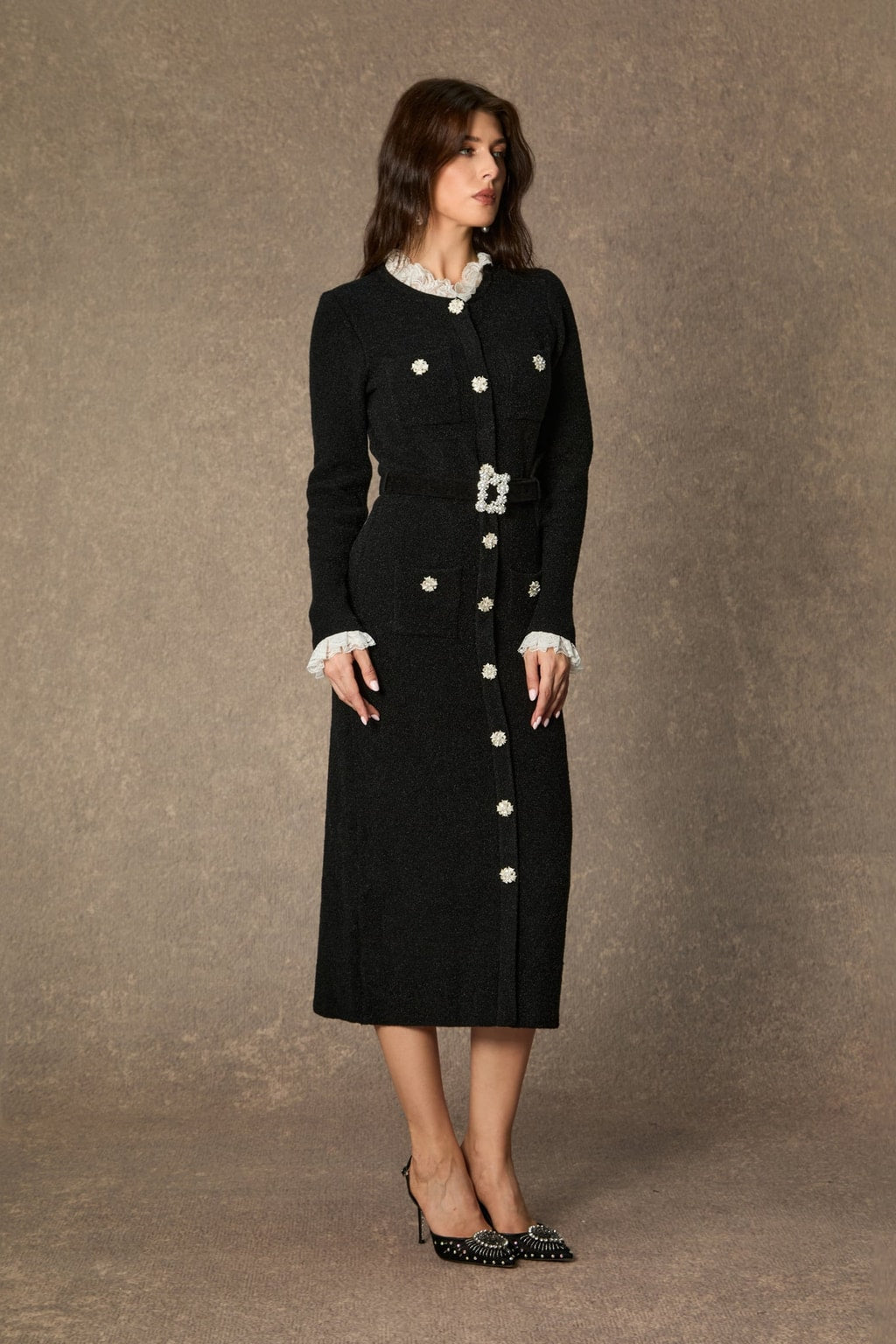 Knit Midi Dress With Ruffle Trim - 2