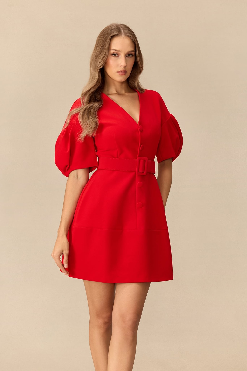 Terylene V-Neck Puff Sleeve Mini Dress - 3