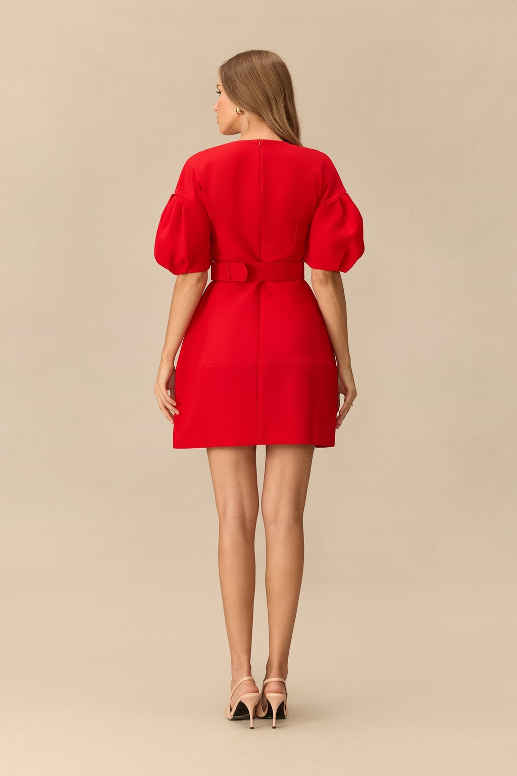 Terylene V-Neck Puff Sleeve Mini Dress - 4