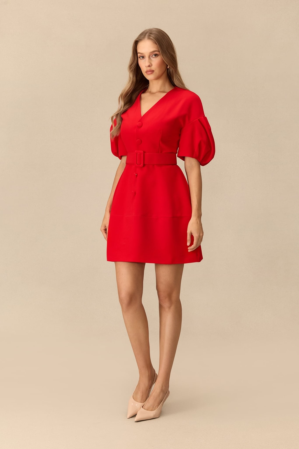 Terylene V-Neck Puff Sleeve Mini Dress - 5