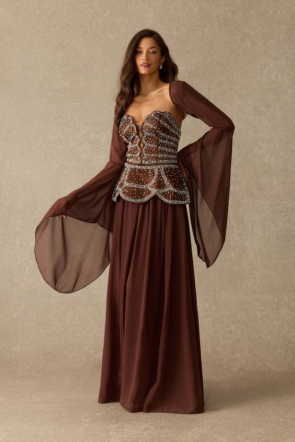Chiffon Beaded Peplum Maxi Dress - 2