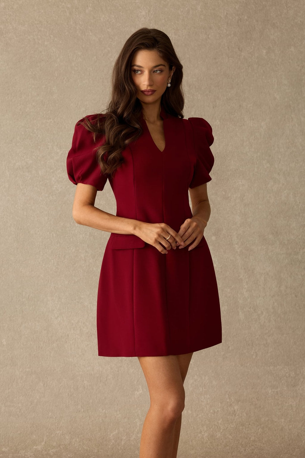 Terylene V-Neck Puff Sleeve Mini Dress - 3
