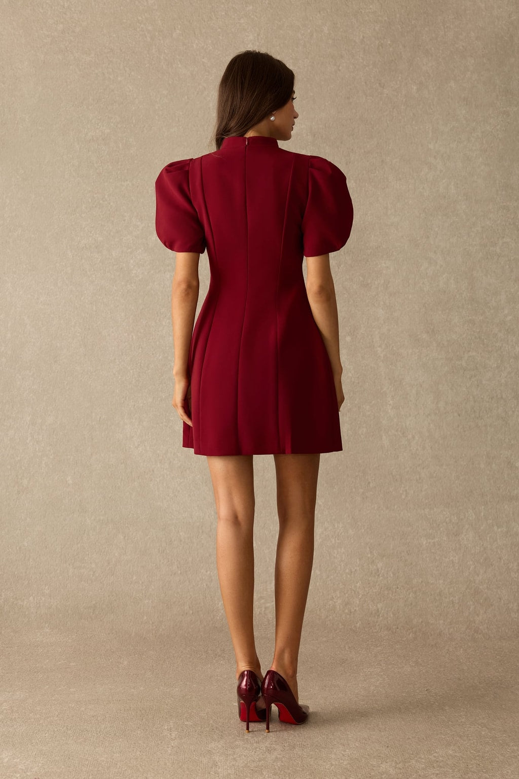 Terylene V-Neck Puff Sleeve Mini Dress - 4