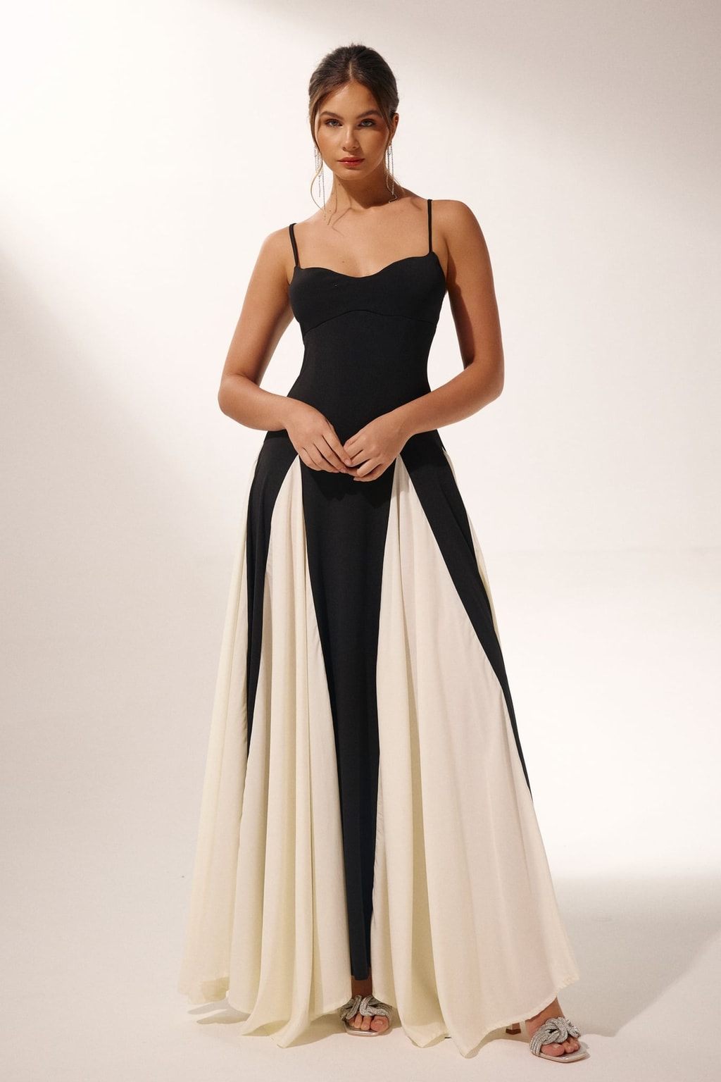 Stretch Polyester Color-Block Maxi Slip Dress - 2