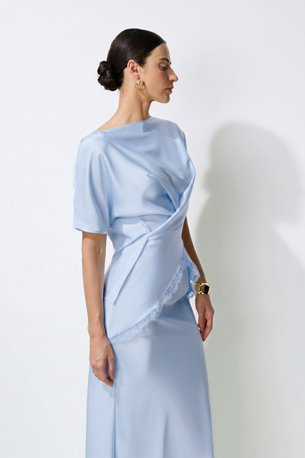 Satin Lace-Trim Blouse & Skirt Set - 4