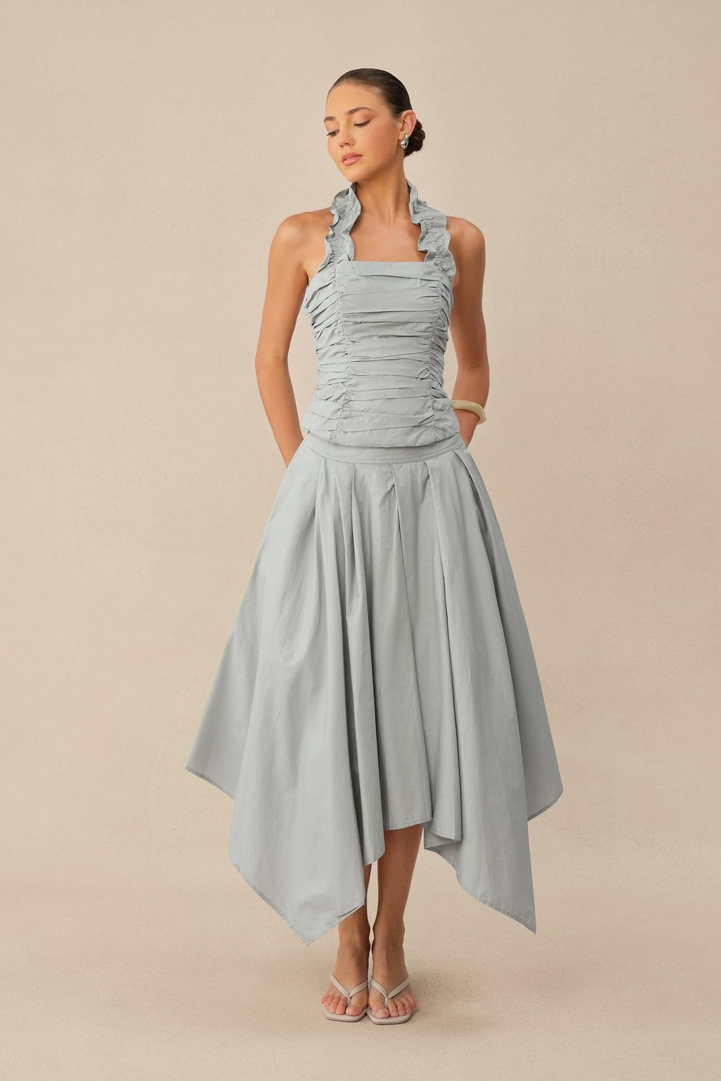 Terylene Ruffle Halter Top and Pleated Midi Skirt Set - 6