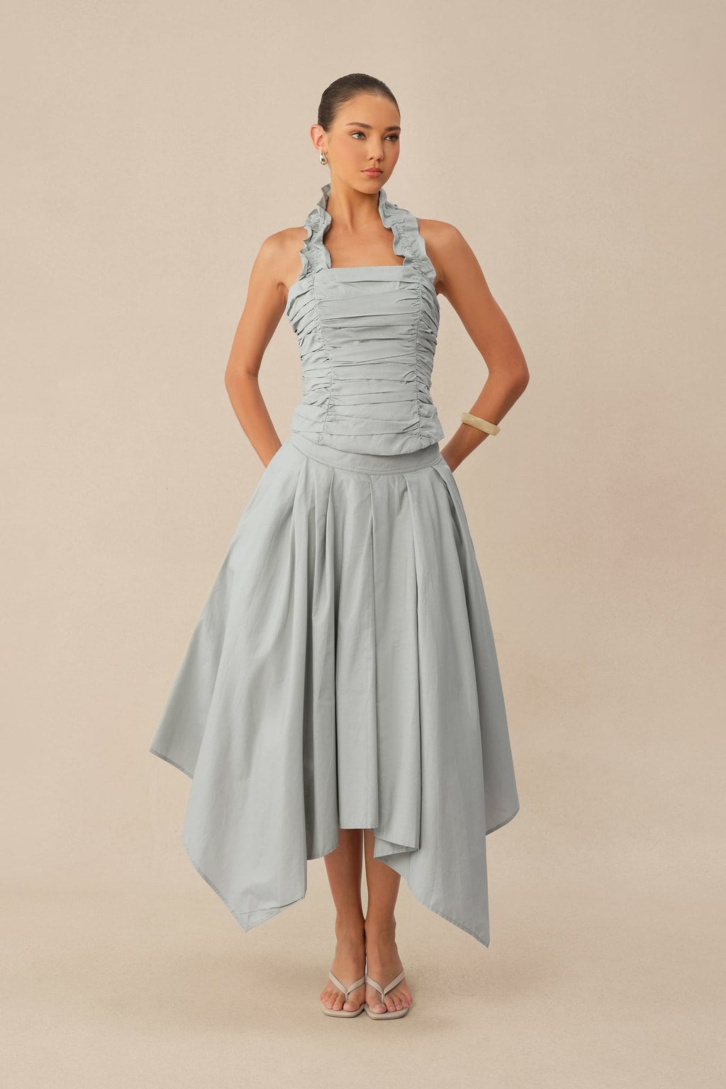 Terylene Ruffle Halter Top and Pleated Midi Skirt Set - 2
