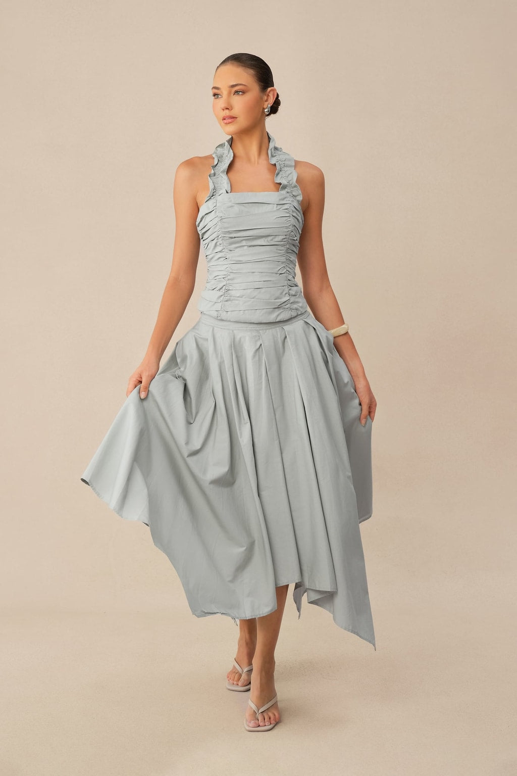 Terylene Ruffle Halter Top and Pleated Midi Skirt Set - 5