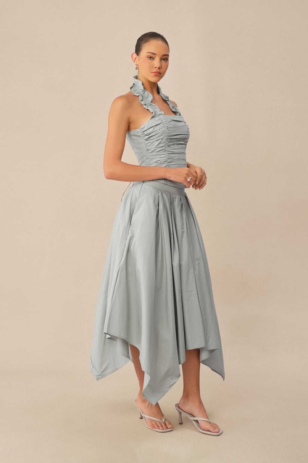 Terylene Ruffle Halter Top and Pleated Midi Skirt Set - 3