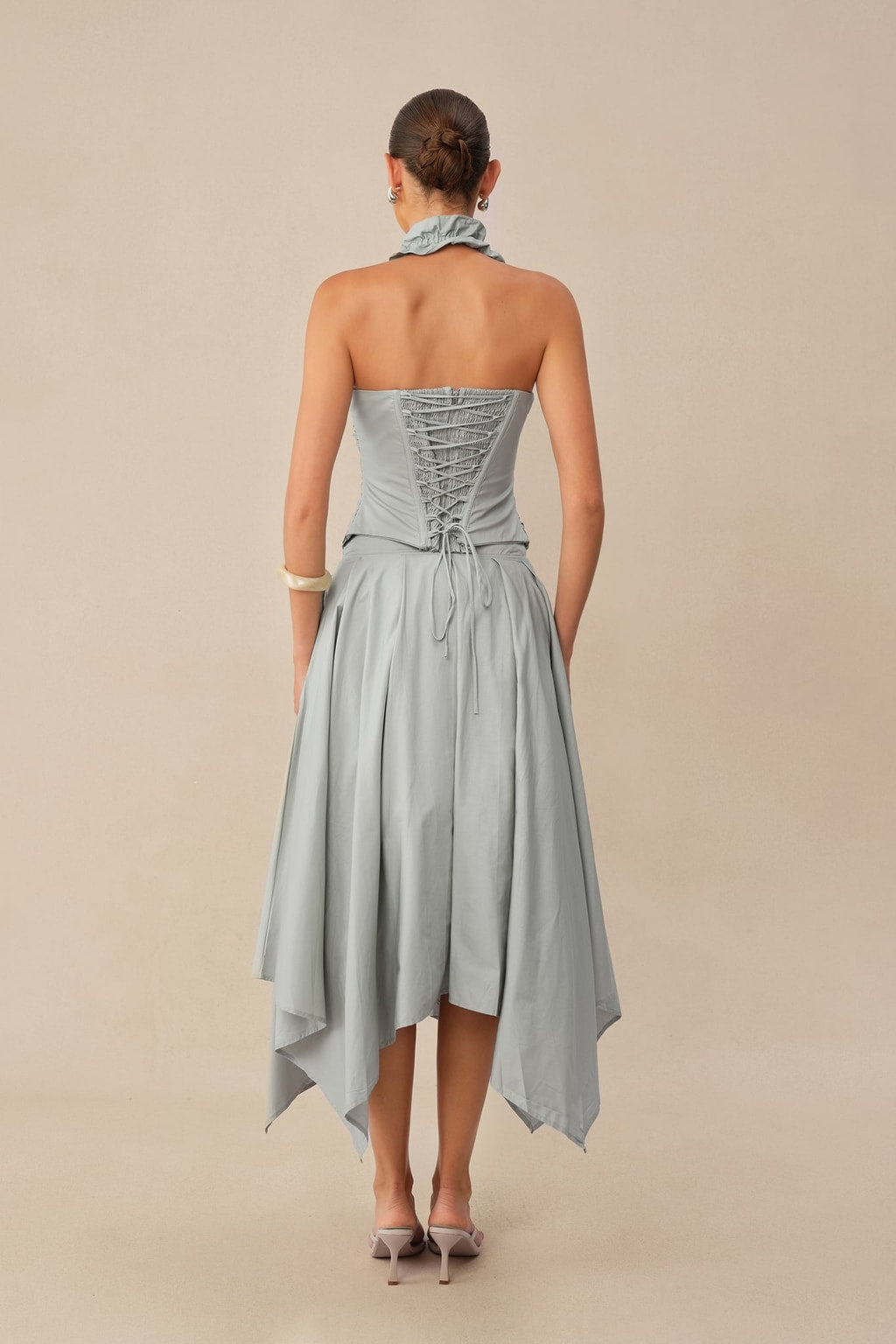 Terylene Ruffle Halter Top and Pleated Midi Skirt Set - 4