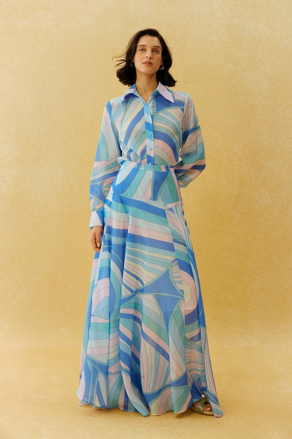Terylene Two-Piece Shirt & Skirt Set With Abstract Print - 5