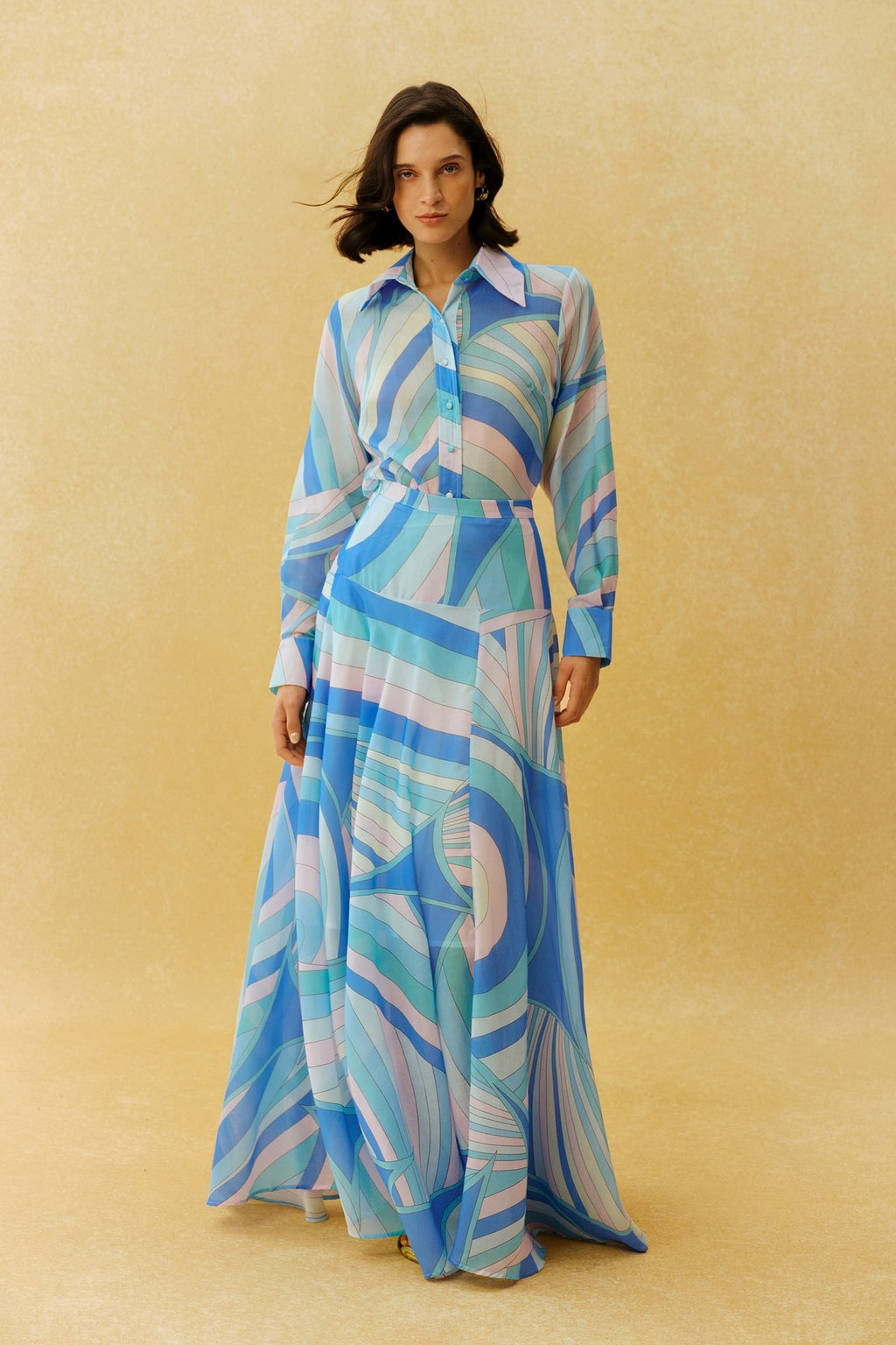 Terylene Two-Piece Shirt & Skirt Set With Abstract Print - 3