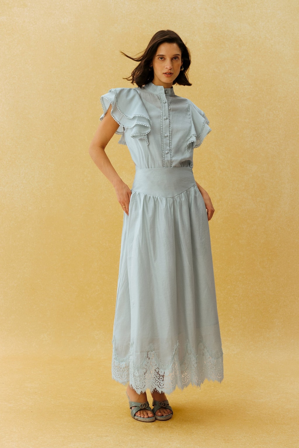 Woven Ruffle-Sleeve Blouse & Lace-Hem Skirt Set - 2