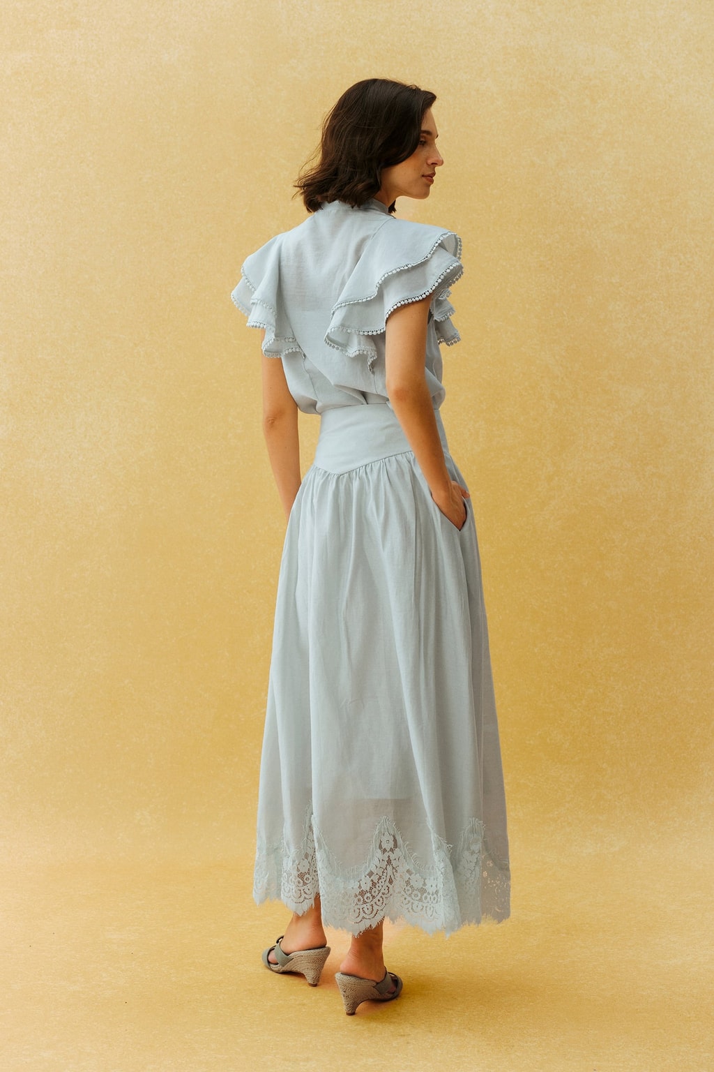 Woven Ruffle-Sleeve Blouse & Lace-Hem Skirt Set - 4