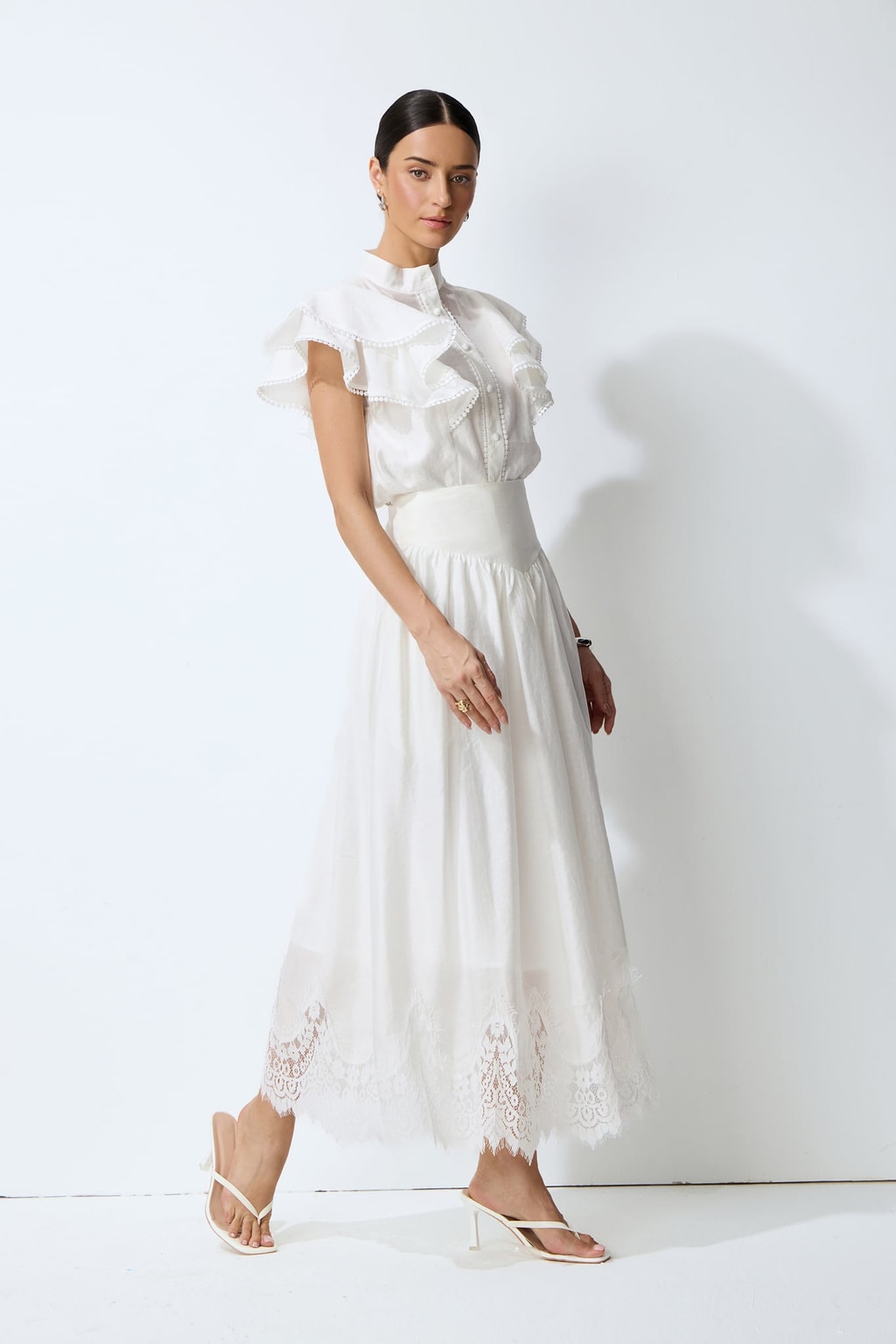 Textured Ruffled Sleeve Top & Skirt Set - 3