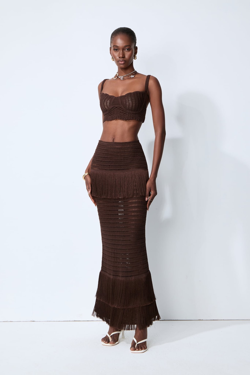 Crochet Knit Cami Top & Fringe Maxi Skirt Set - 6
